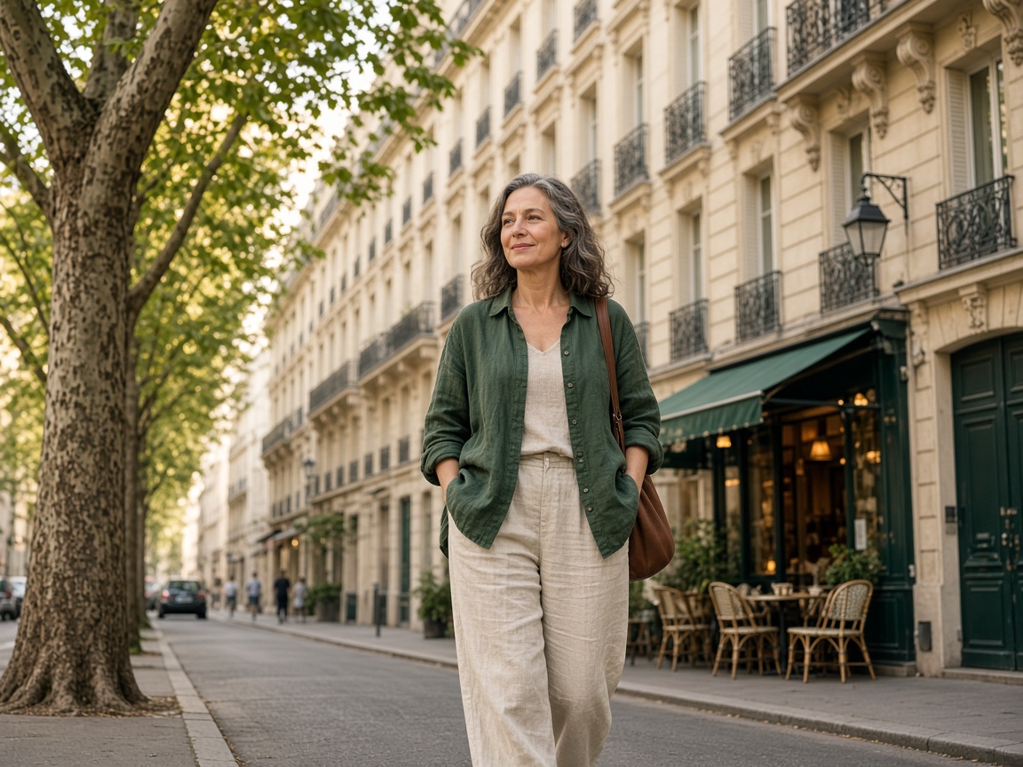 Femme marchant d’un pas calme dans une rue parisienne